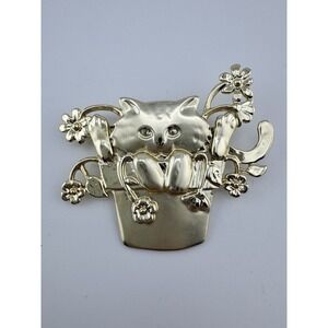 AJC Gold Tone Cute Cat in Flower Pot Light Brooch Pin Animal Pet Lover